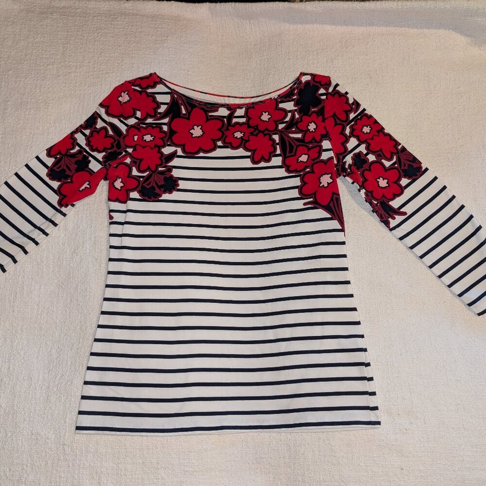Talbots XS Red Flower Black & White Stripe Tee ¾ length sleeve